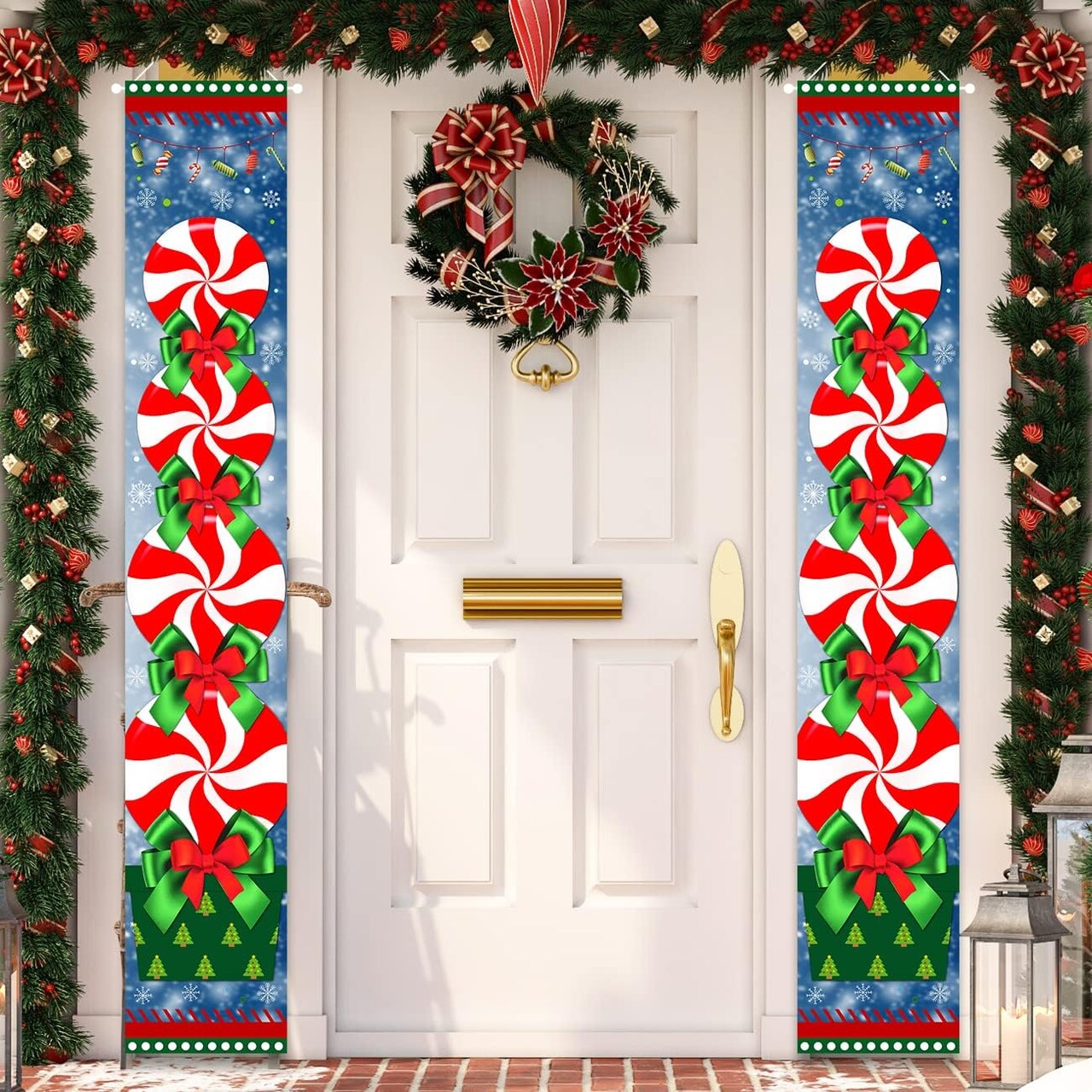 Christmas Door Banner Christmas Candy Decorations Peppermint Porch Sign Banner(red and white)70.8"L x 11.81"W